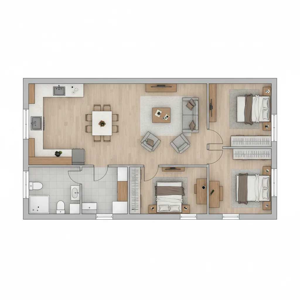 3 bedroom 1 hall 1 kitchen 1 bathroom floor plan layout diagram style render