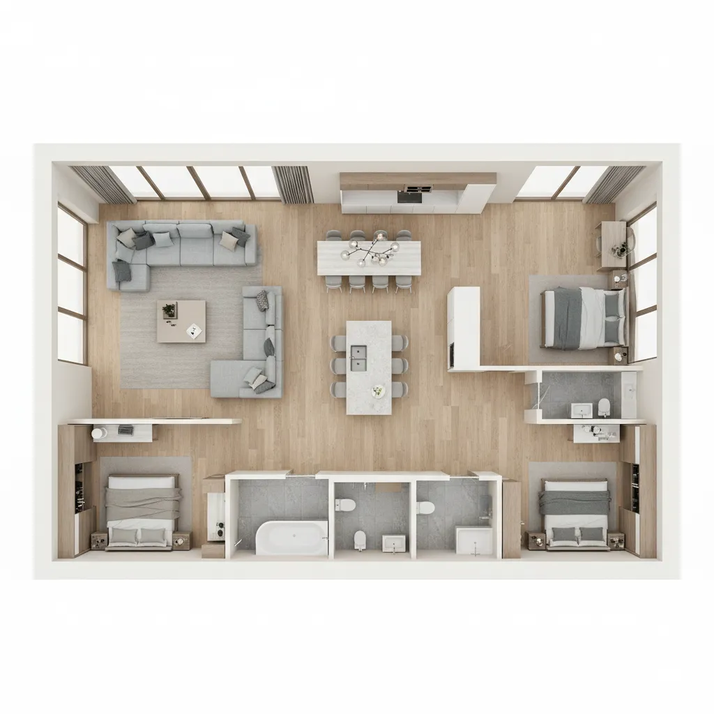 Distribución interior de casa con tres dormitorios y sala abierta