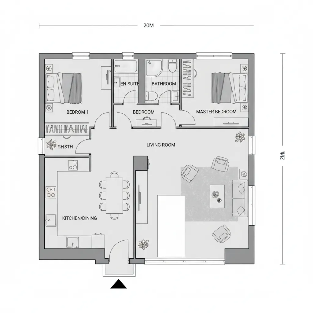 Bố trí mặt bằng nhà cấp 4 4x20 với ba phòng ngủ