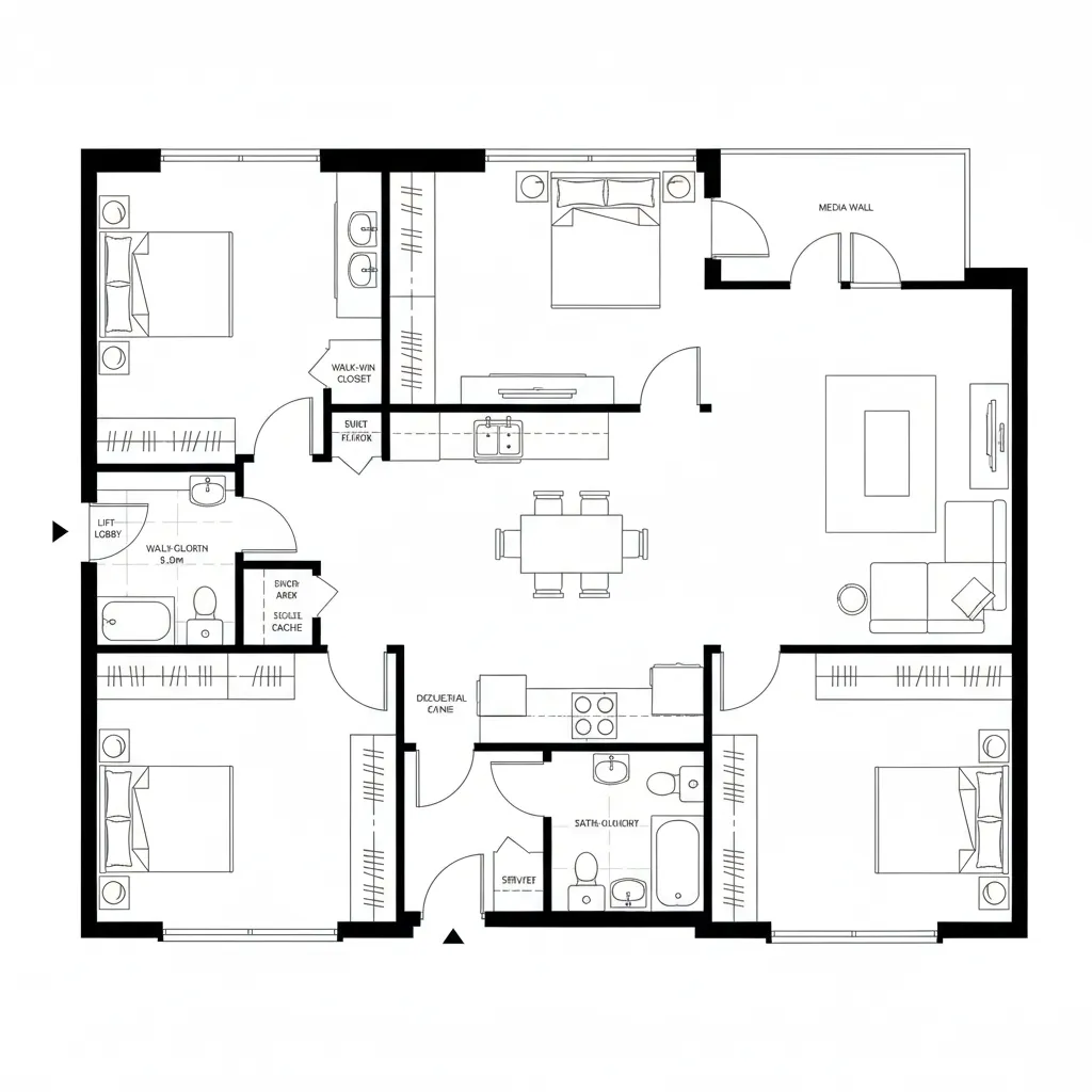 Top-down CAD plan with perimeter bedrooms and central commons