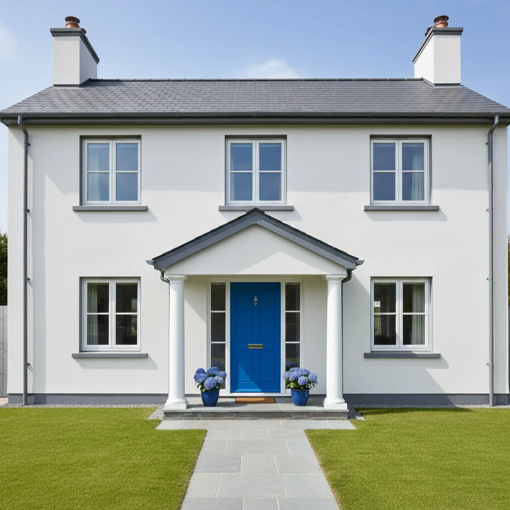home exterior showing three color palette white gray and blue door