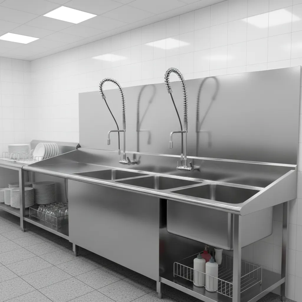 Three compartment stainless steel sink used in restaurant dishwashing stations