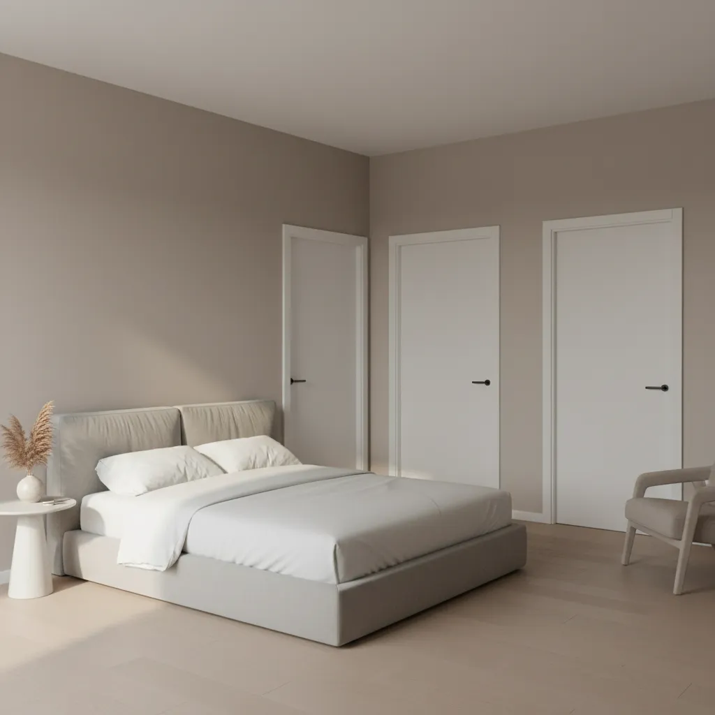 Bedroom with three doors showing limited wall space for bed placement
