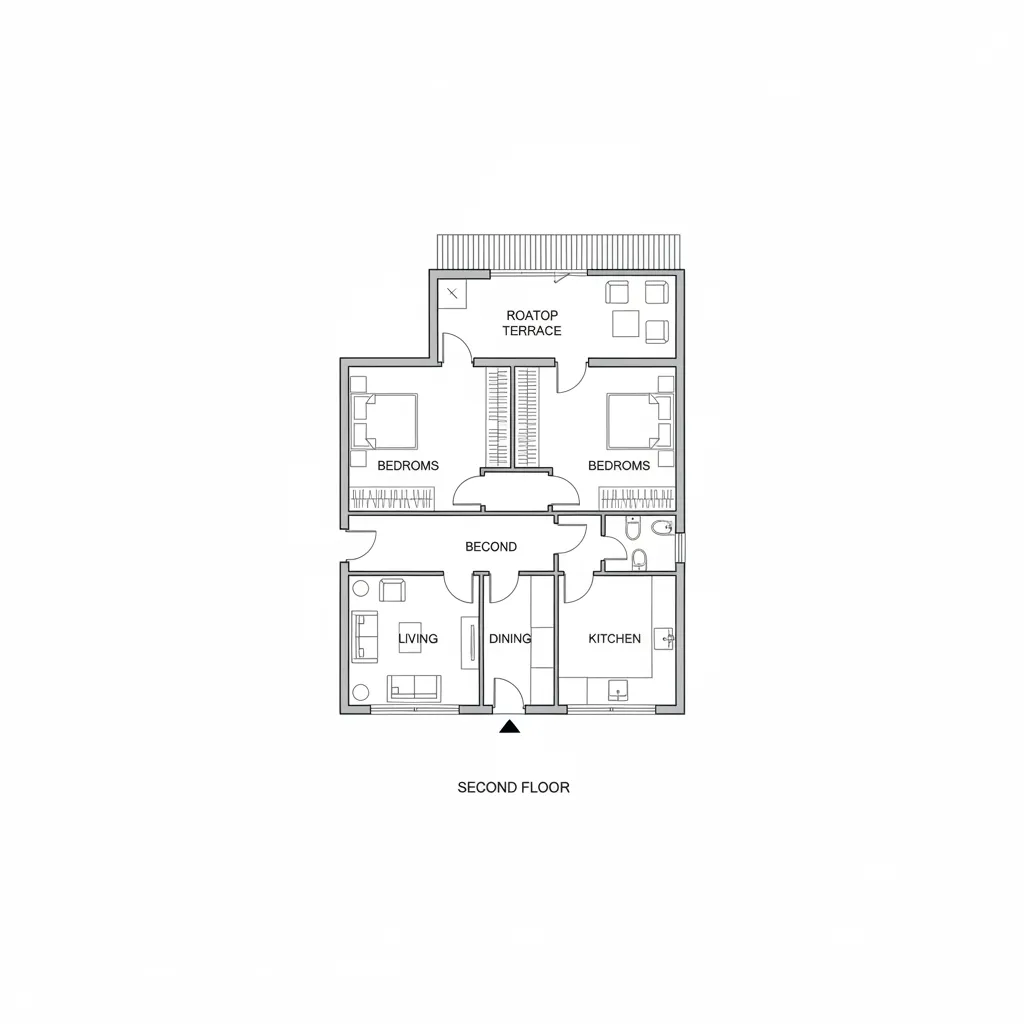 Esquema de distribución de una casa pequeña de tres pisos con zonas separadas por planta