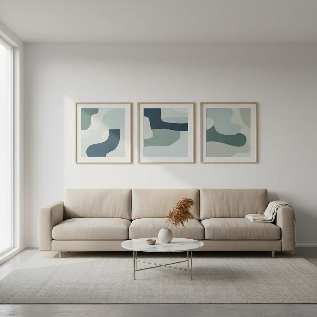 Three framed artworks arranged horizontally above a sofa