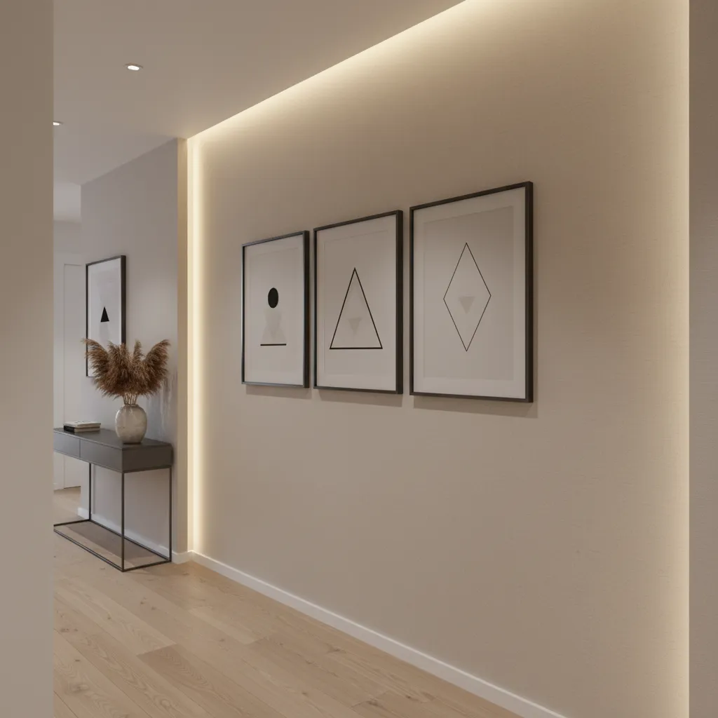 Narrow hallway with wooden floor, three wall frames, warm wall lights, and small black table
