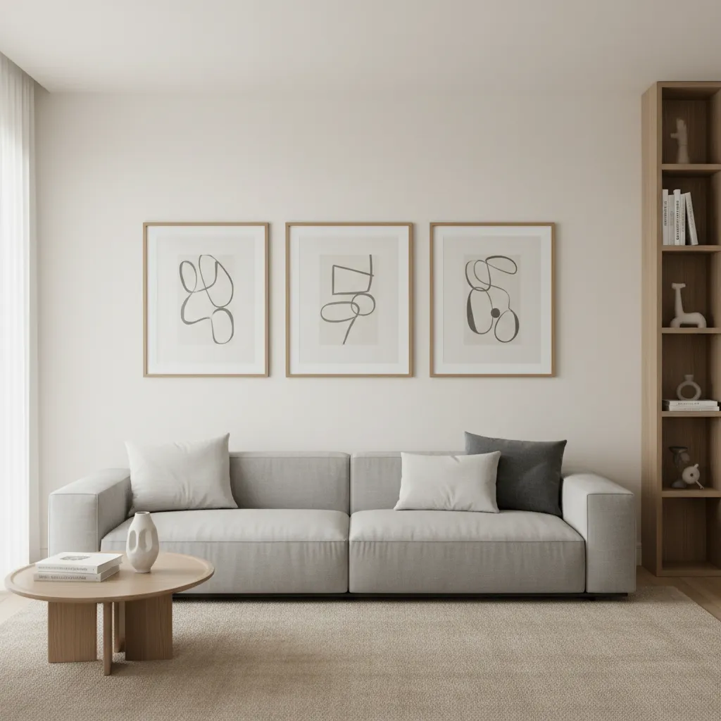 Modern living room with grey sofa, three wall frames, wooden coffee table, and tall bookshelf