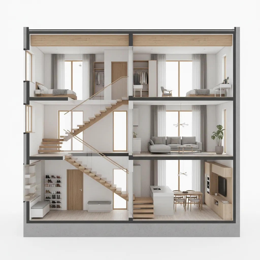 section diagram showing three level small house layout with stairs