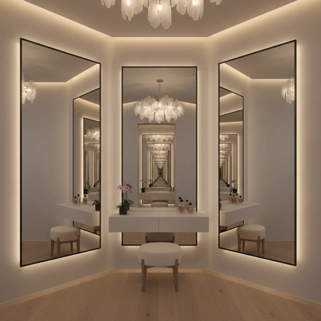 Three mirrors arranged in triangular layout producing repeating reflections