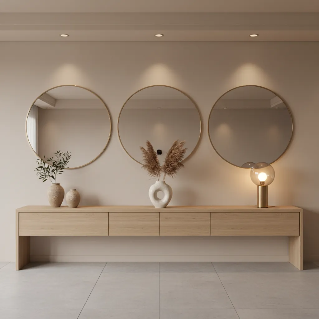 Three round mirrors proportionally spaced above a long console table