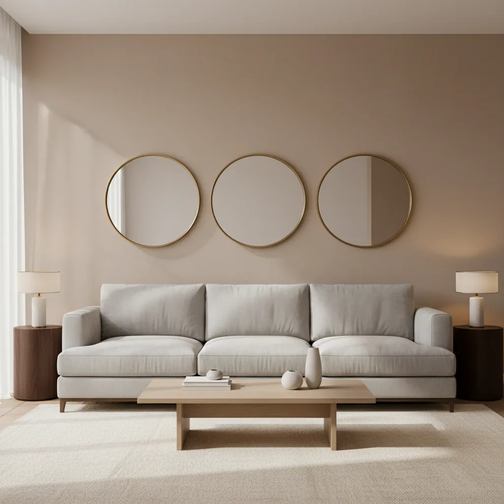 three round mirrors aligned horizontally above a sofa