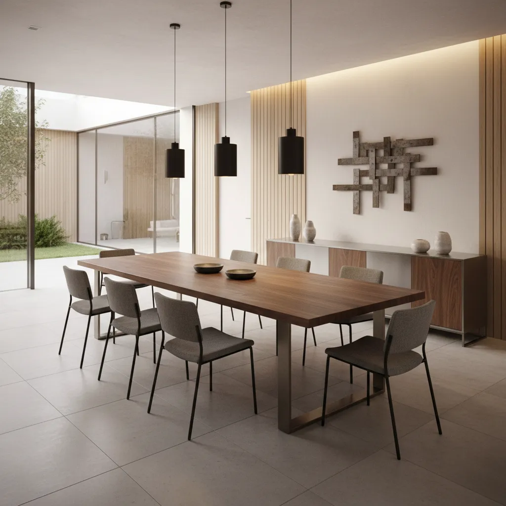 Three pendant lights evenly spaced over a long dining table layout