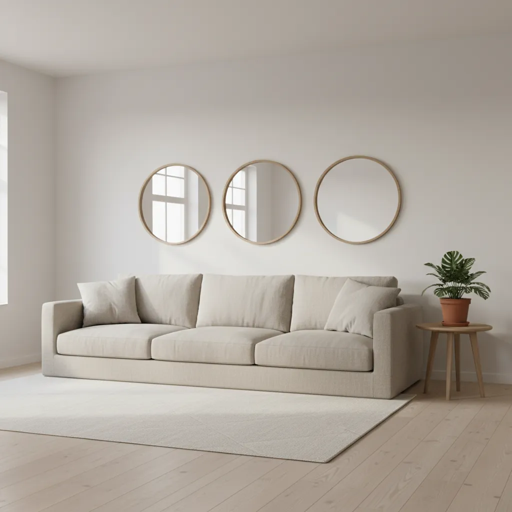 three round mirrors arranged horizontally above a sofa in a modern living room