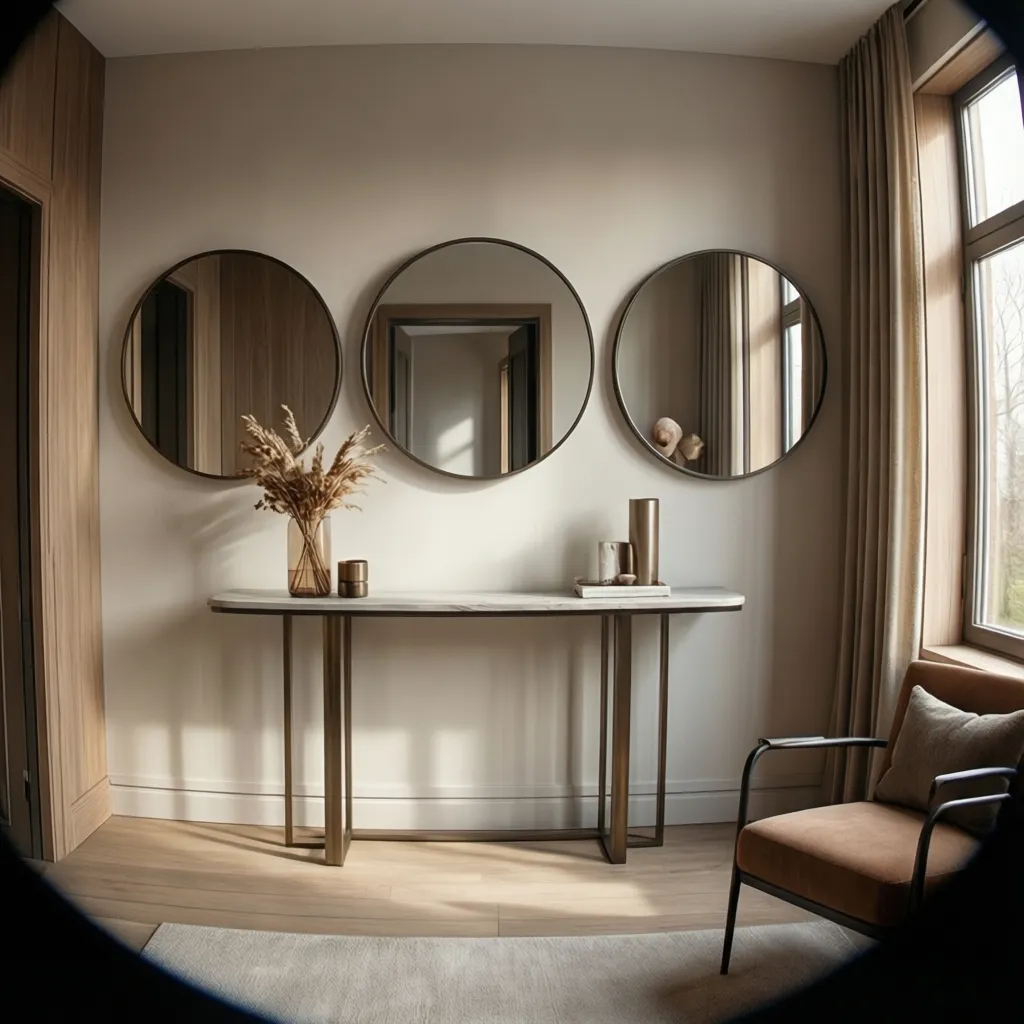 Entryway wall with three evenly spaced round mirrors above a console table