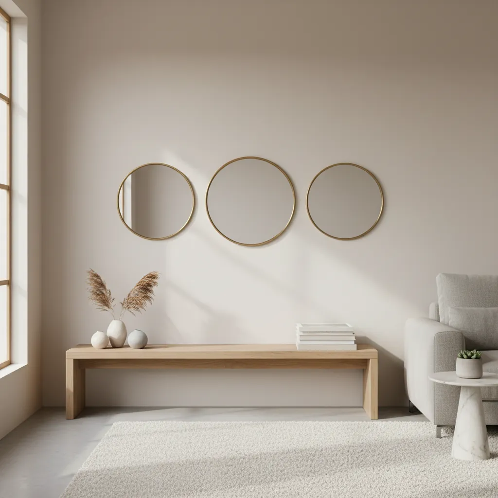 three round mirrors decorating a modern living room wall above a console table