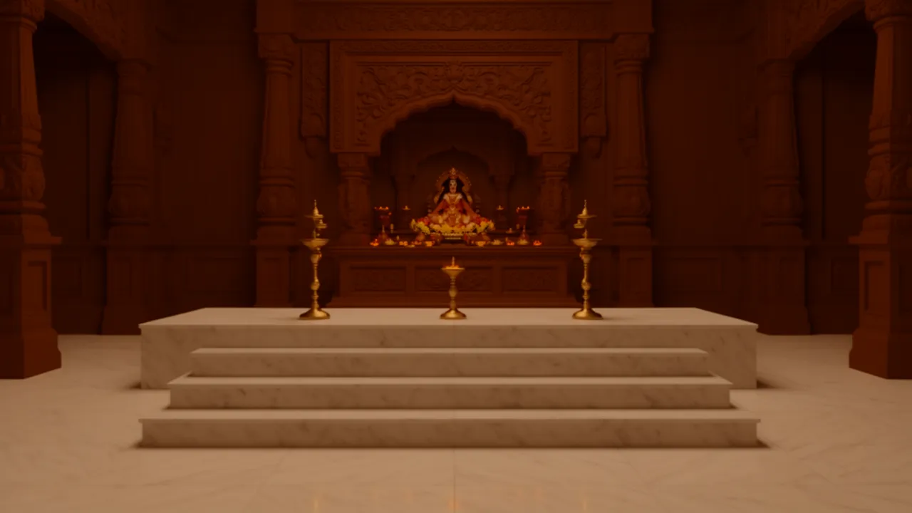 three marble steps leading to traditional pooja altar with idols
