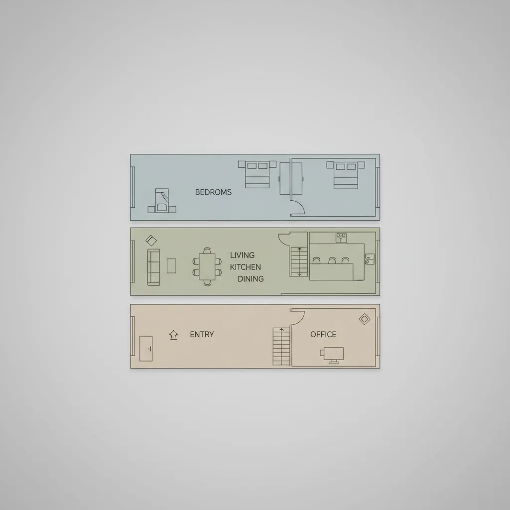 three story house floor zoning layout showing living area middle floor and bedrooms above