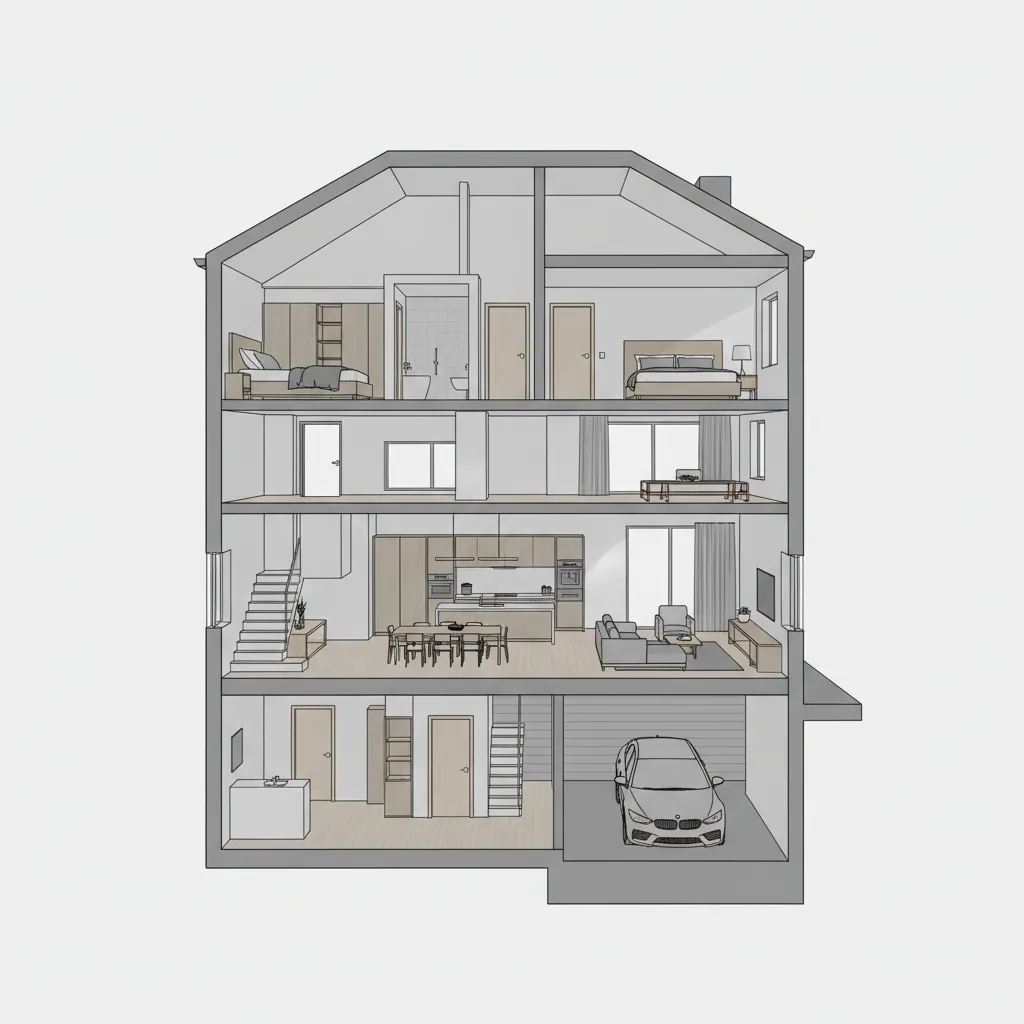diagram style layout showing stacked floors of a three story house