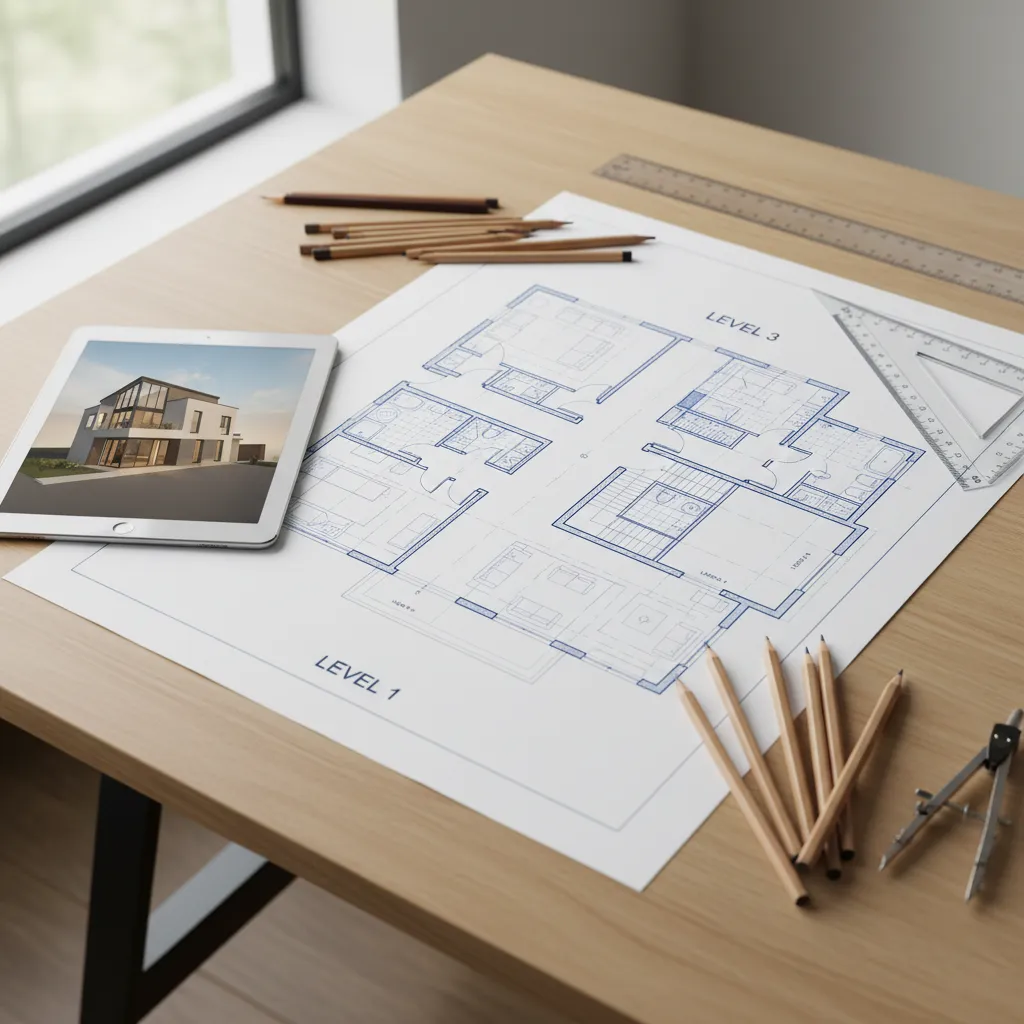 Plano conceptual de una casa moderna de tres pisos