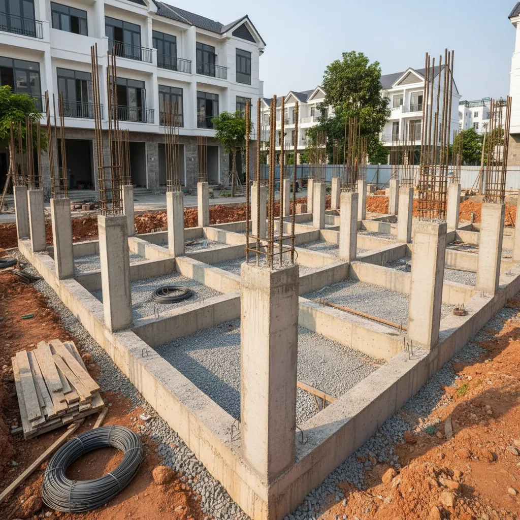 Construction site showing house foundation with metal pillars and modern residential buildings in the background