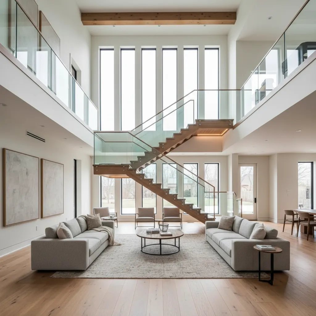 Interior moderno de casa de tres pisos con escalera central y sala abierta