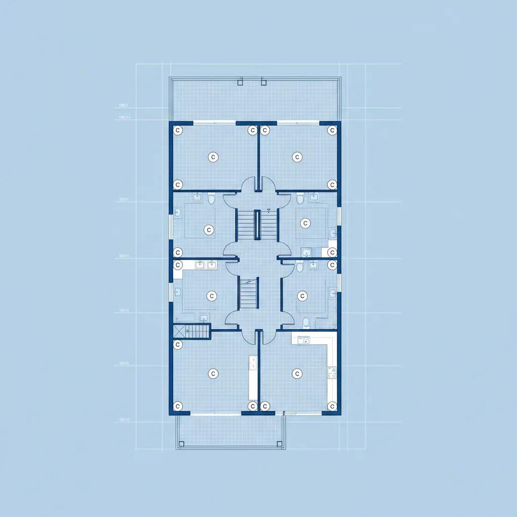 Interior design drawing showing floor plan room layout of house with multiple rooms and stairs