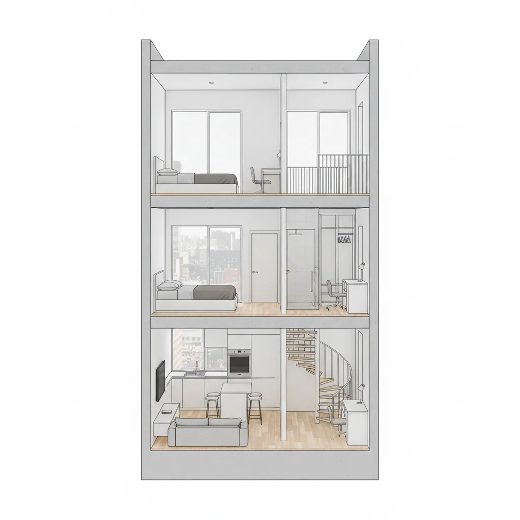 three story narrow townhouse layout section under 1000 sq ft