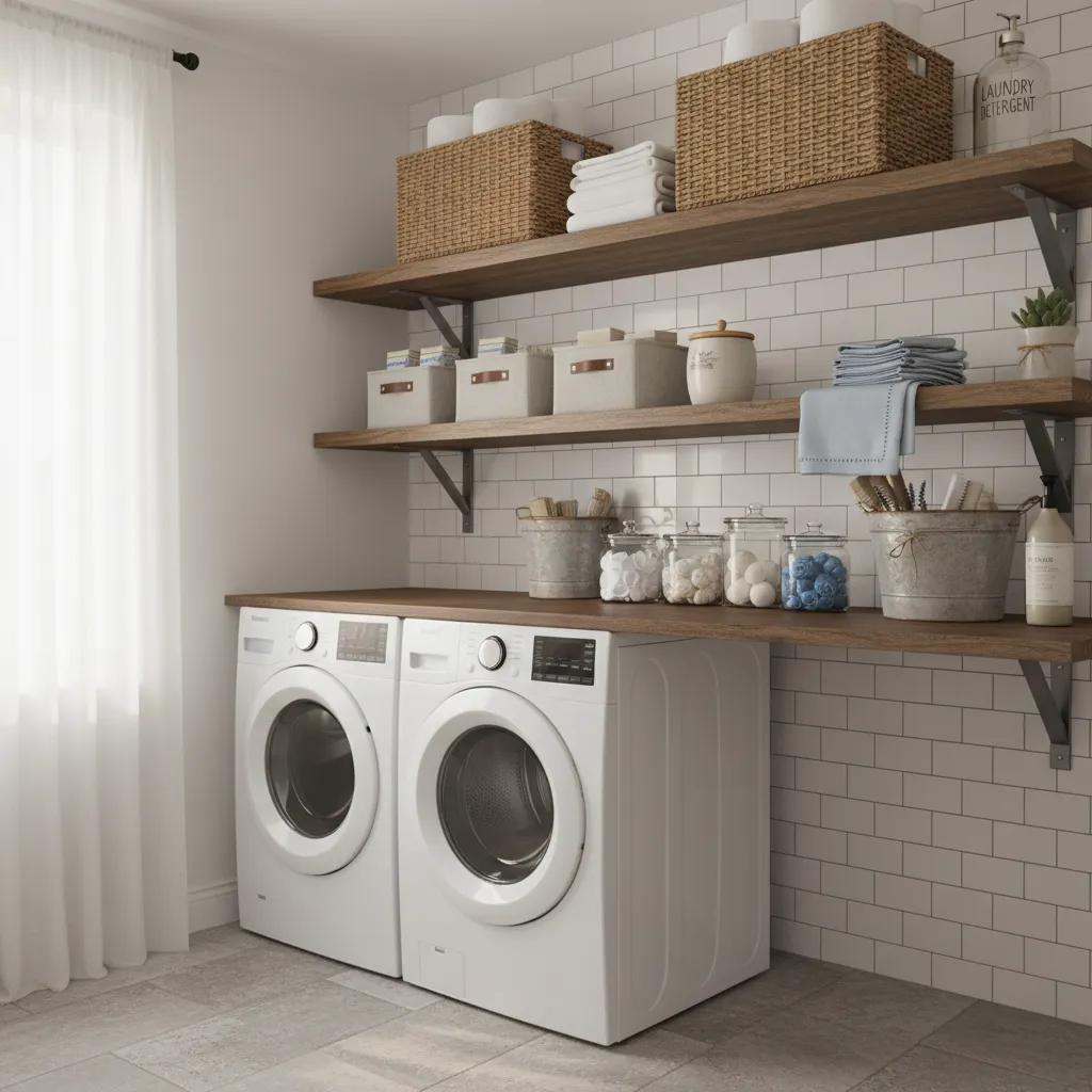 Three tier floating shelves in a laundry room above appliances for extra storage