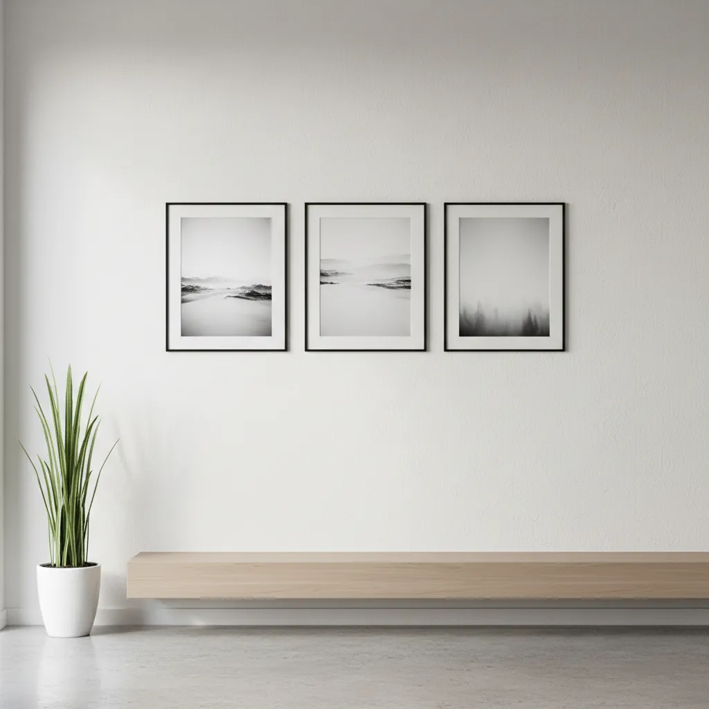 Different layout patterns for 3 to 5 picture frames on a wall