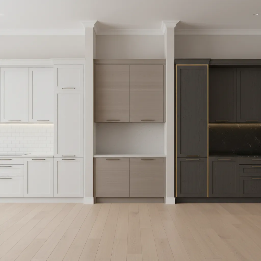 Kitchen cabinet types comparison showing stock, semi-custom, and custom cabinet styles