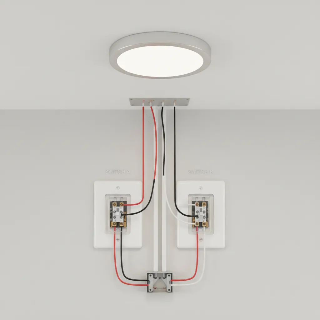 Three way light switch wiring diagram showing traveler wires between two switches