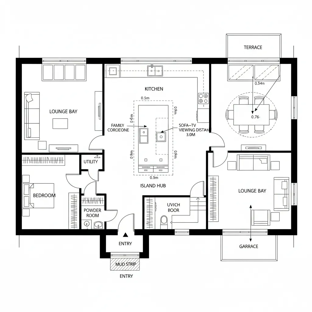 Threshold Spine: Kitchen-Core with Split Social Fields