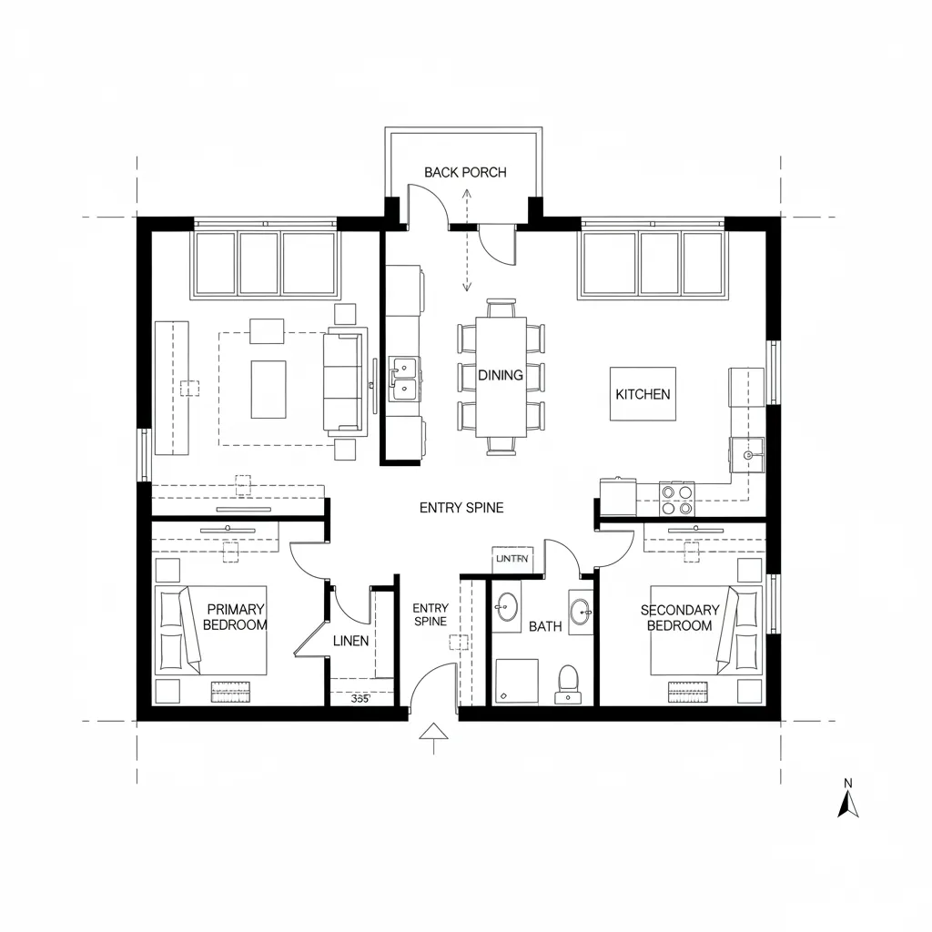 Two bedroom house floor plan showing kitchen dining area living room bathroom and back porch layout