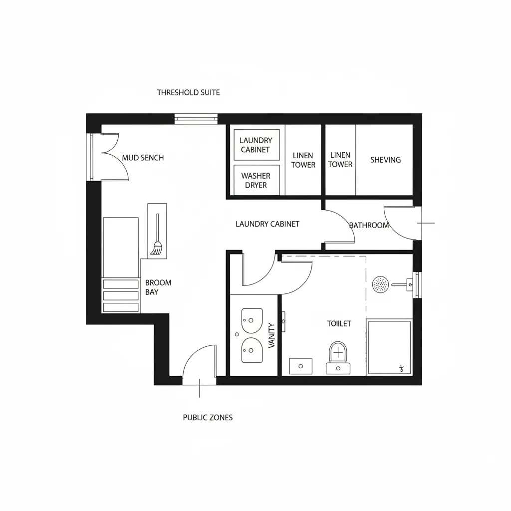 Top-down 2D CAD plan of entry foyer, bathroom, and utility spine