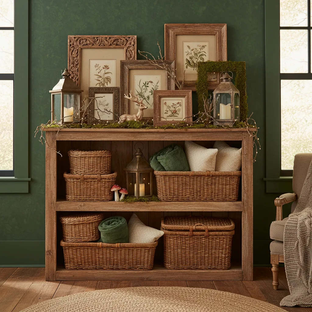 thrift store woodland decor including lanterns wood frames and baskets on shelf