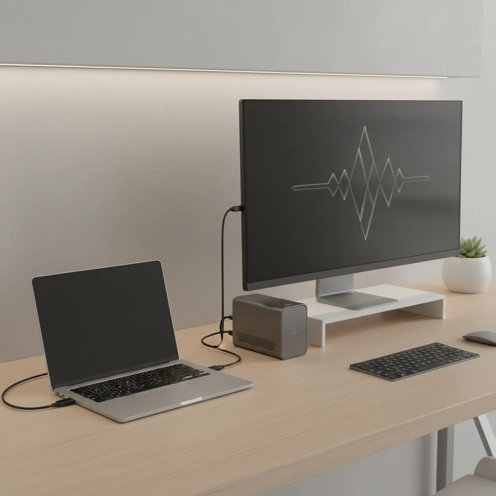 Simple visual explanation of laptop connected to external GPU and monitor