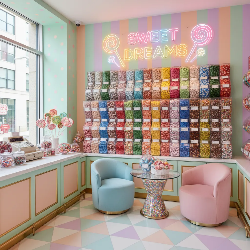 Zona decorativa para fotos en una tienda de dulces moderna