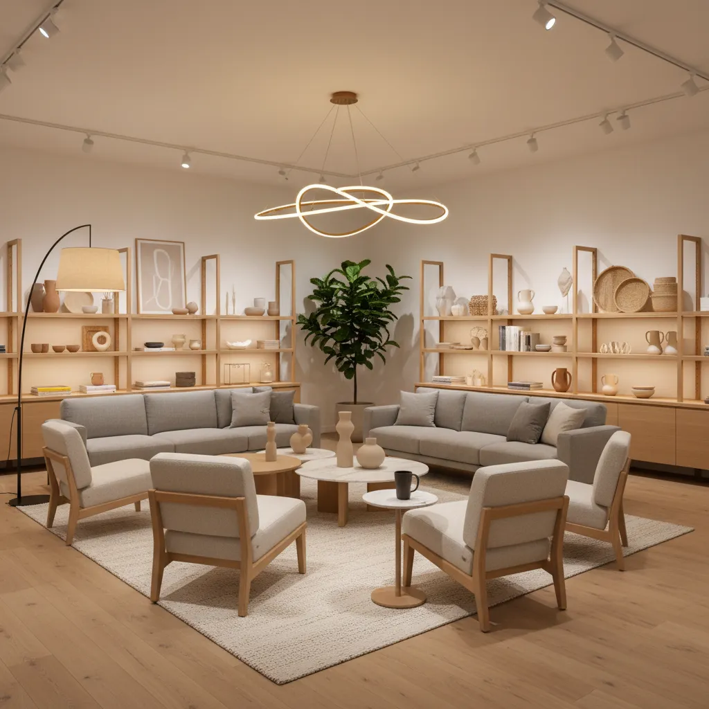 Tienda de decoración con muebles modernos y accesorios minimalistas