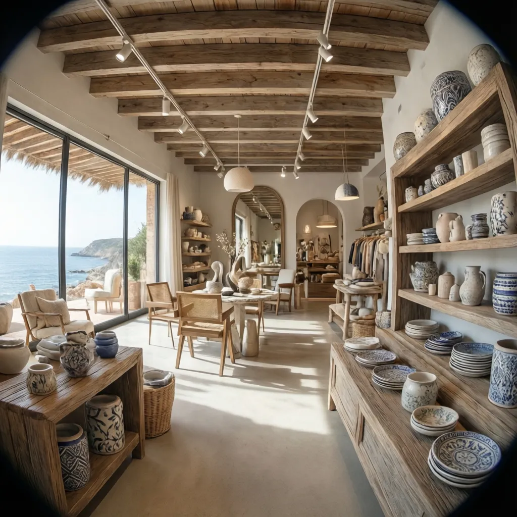 Mediterranean style shop with pottery on wooden shelves ceiling lights and sea view through windows