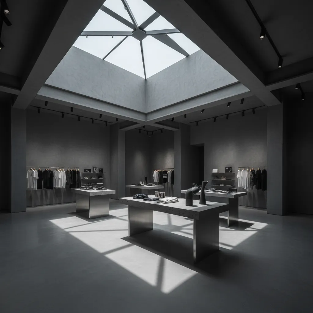 Modern minimalist store interior with gray concrete walls display tables clothes racks and roof window