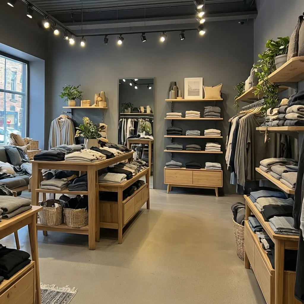 Cozy clothing boutique with wooden display tables wall shelves gray walls plants and track lights