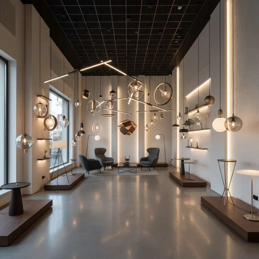 Modern lighting showroom with hanging ceiling lights above grey armchairs and several wooden display platforms