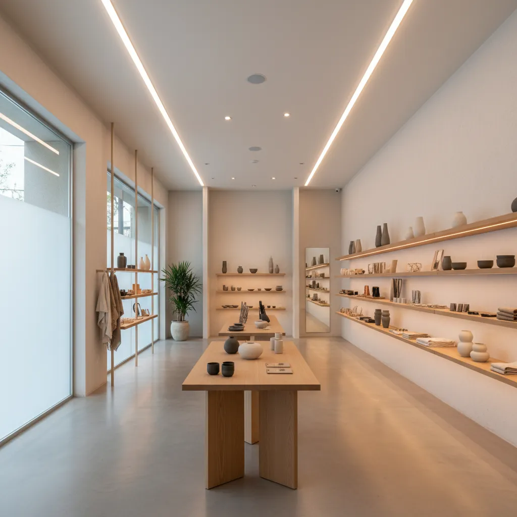 Interior de tienda minimalista con pocos muebles y productos destacados