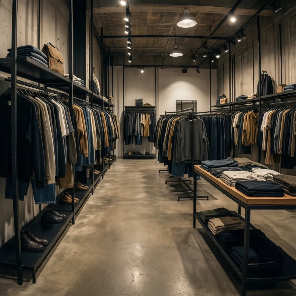 Tienda de ropa con interior industrial y estructuras metálicas