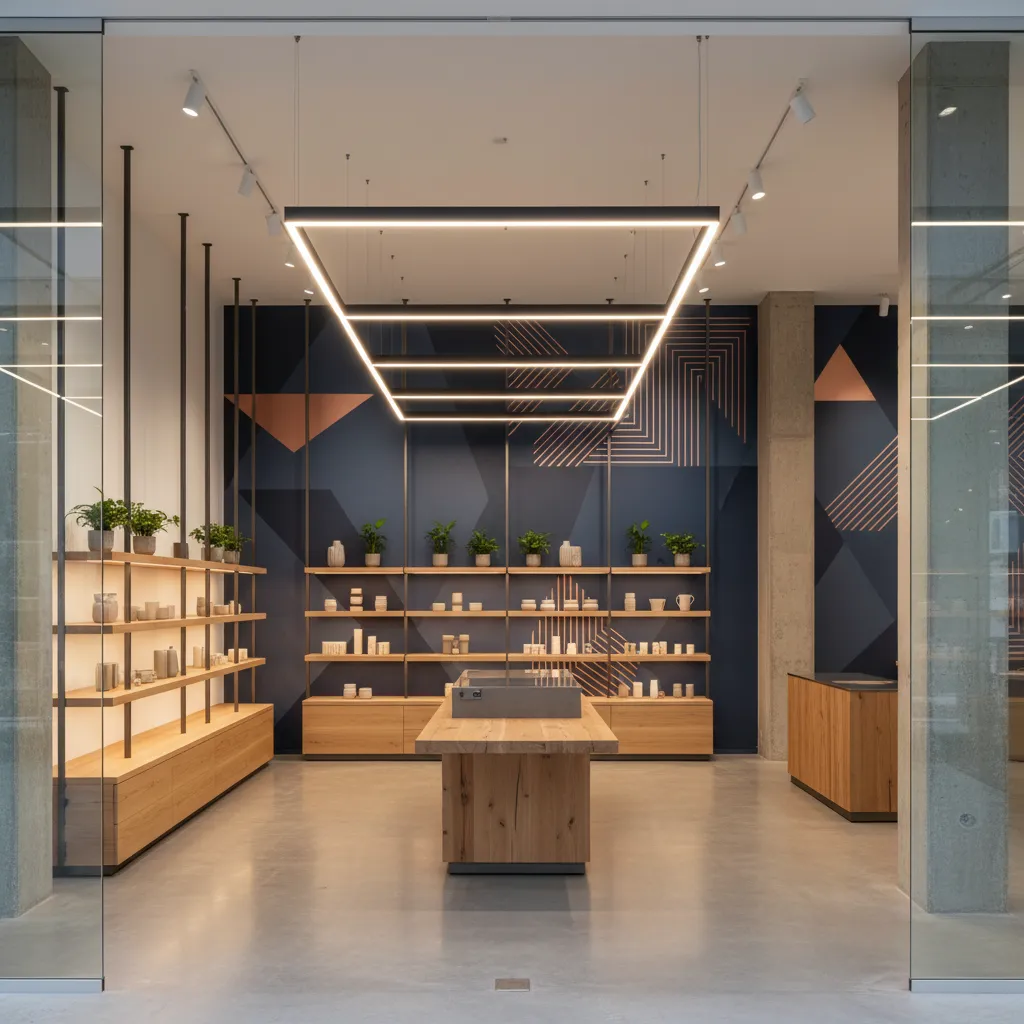 Modern shop interior design drawing with wooden shelves pottery and a large hanging ceiling light
