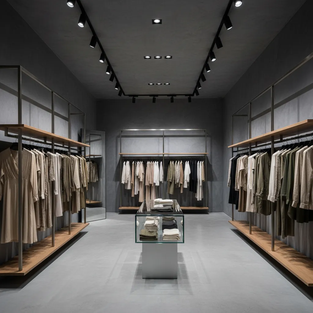 Modern clothing shop featuring gray walls wooden racks hanging clothes glass display and track lights