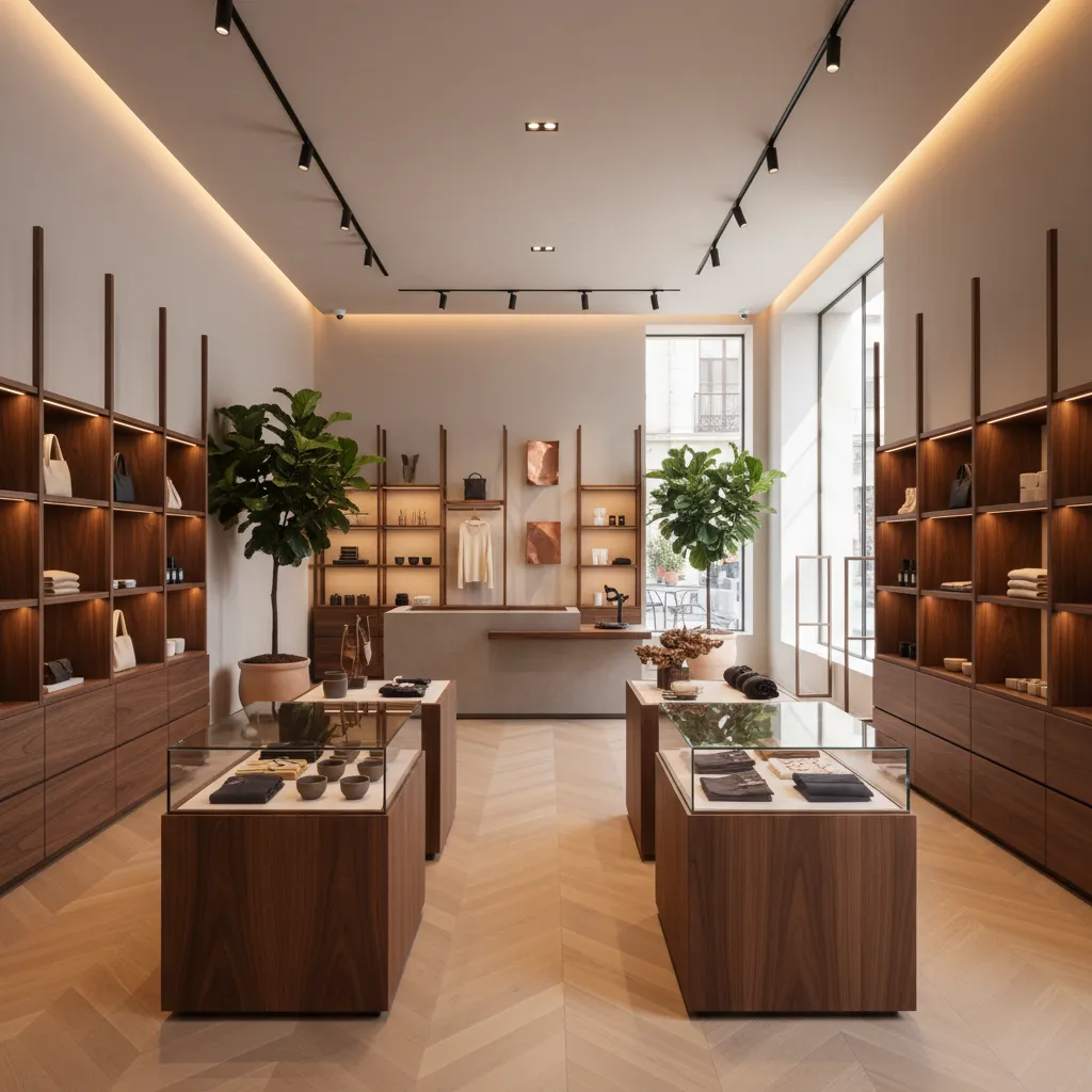 Interior de tienda moderna con diseño limpio y materiales naturales