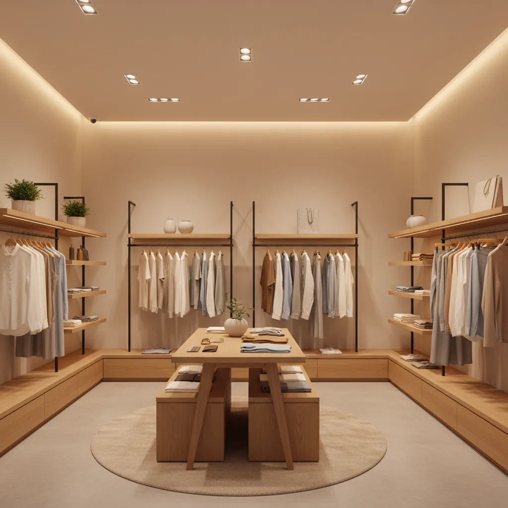 Interior de boutique con estanterías de madera clara y colores neutros