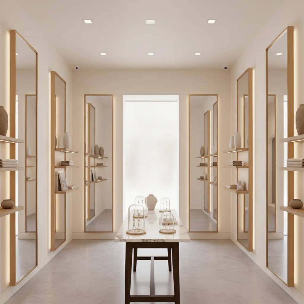 Minimalist luxury store interior with white walls wood framed mirrors and marble table displaying jewelry