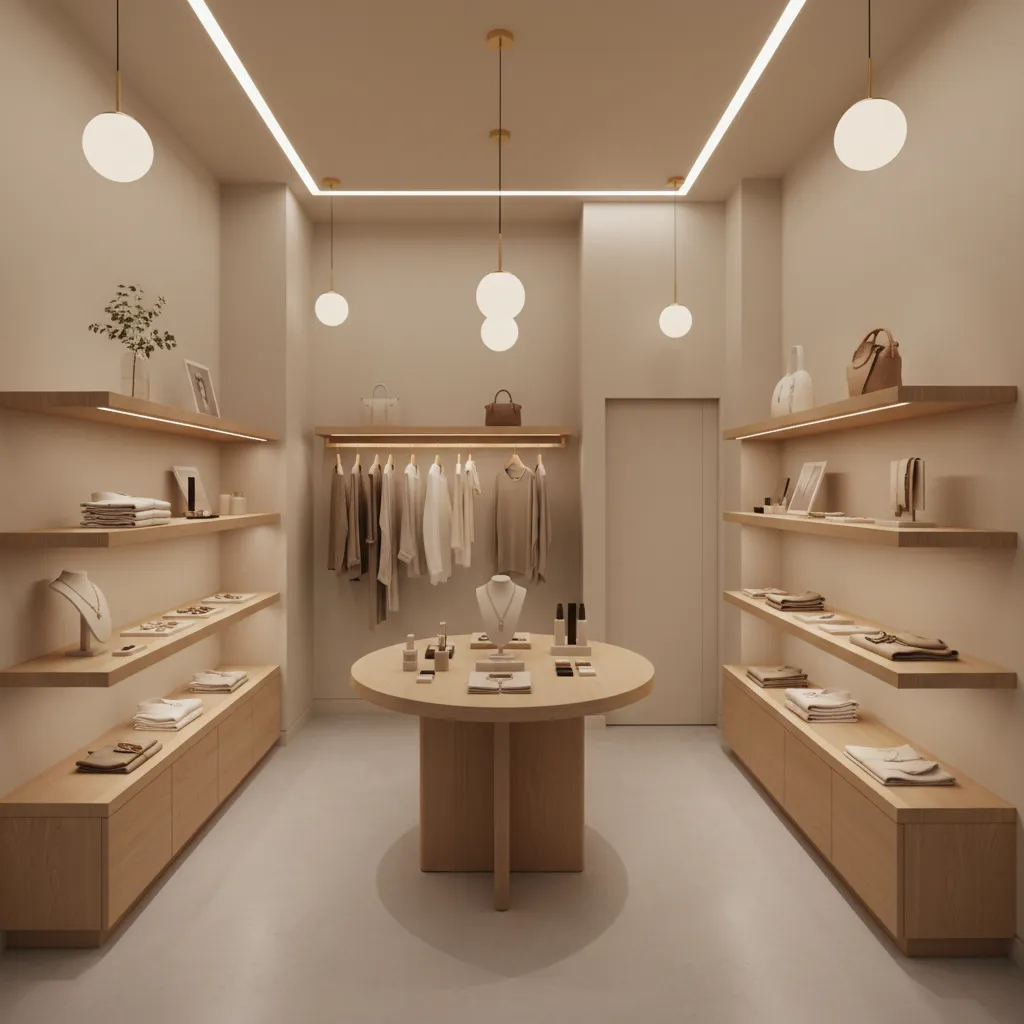 Pequeña boutique con diseño neutro y muebles ligeros
